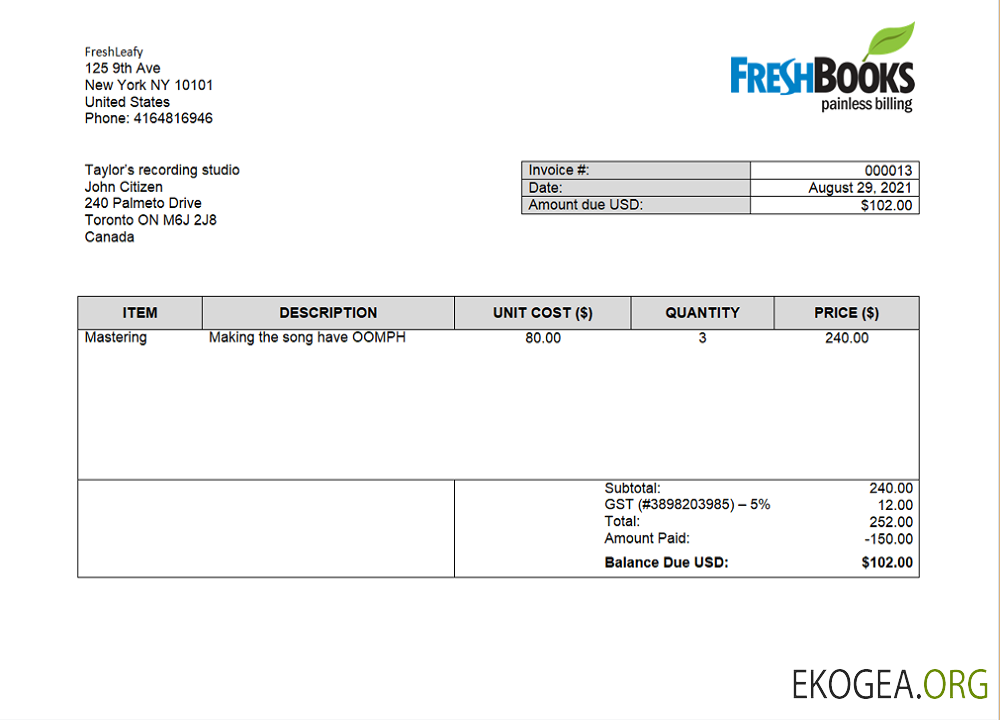 Facture de la société USA FreshBooks
